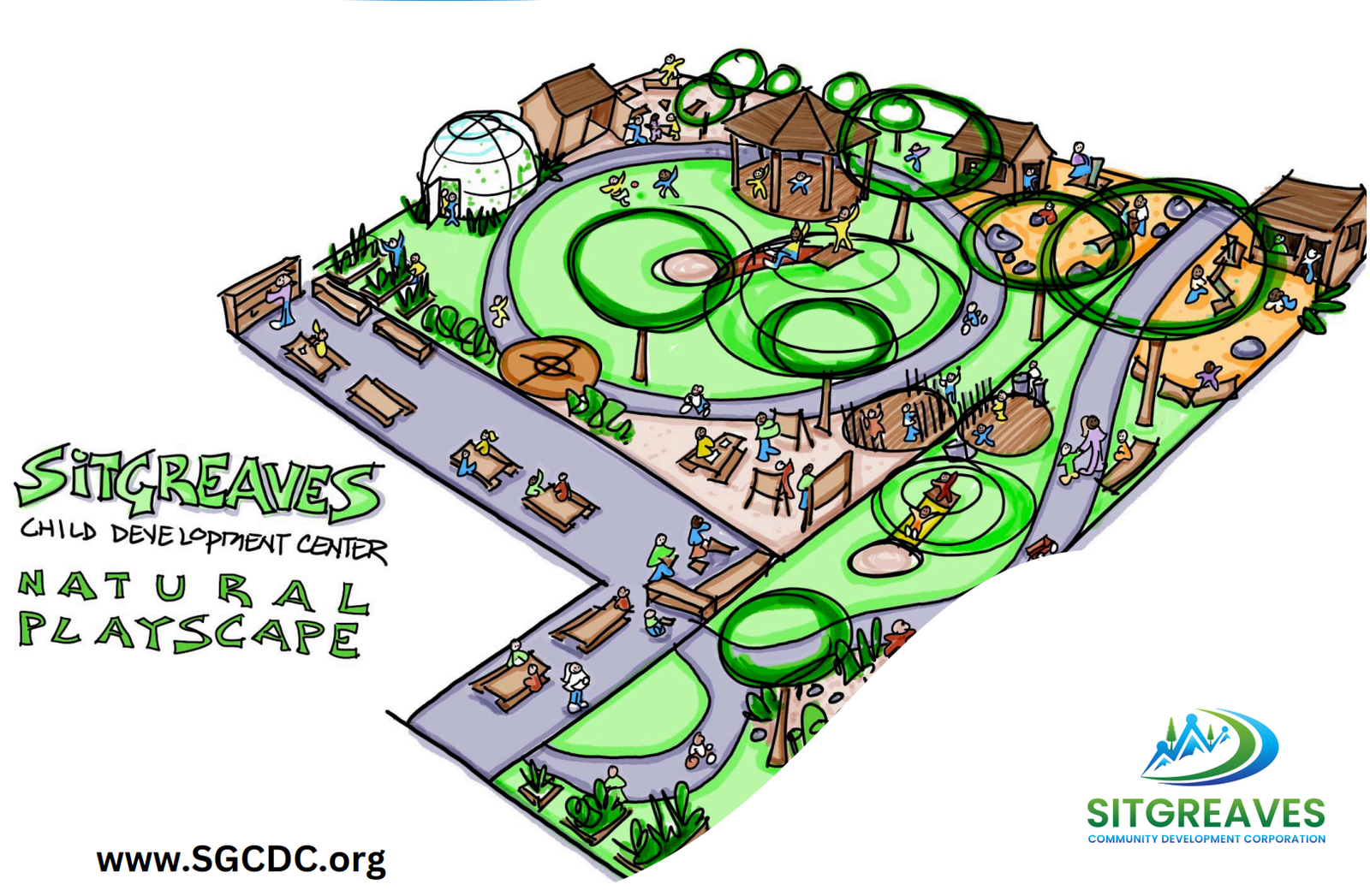Rendering of a proposed community child development center and natural playscape
